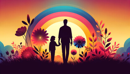 Silhouette of a Man Holding a Childs Hand Against the Setting Sun. Concept parenthood