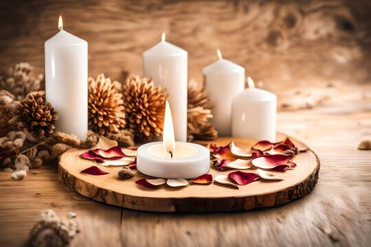 Vintage style picture of white ceramic candle aroma oil lamp dry flower petals on natural pine wood disc, dry background with copy space