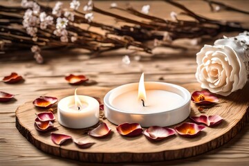 Obraz na płótnie Canvas Vintage style picture of white ceramic candle aroma oil lamp dry flower petals on natural pine wood disc, dry background with copy space