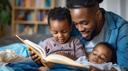 Dad reading book to kids, 