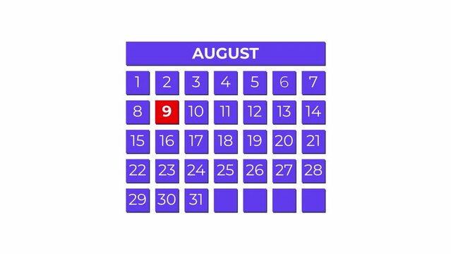 9th August calendar icon animation. Alpha matte with transparent background 4K resolution.