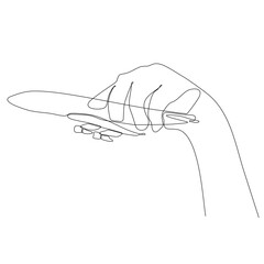 Human hand holding airplane continuous line art illustration. One line travel concept. Vector isolated on white