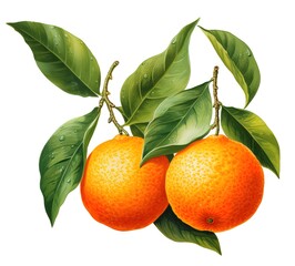 watercolor orange fruit with leaves on a white background