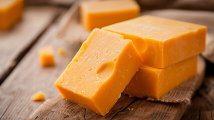 Blocks of cheddar cheese on a kitchen counter.
