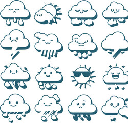 Set cartoon style outline clouds with eyes vector Generated by Ai 