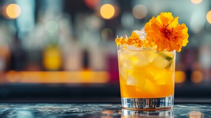 A glass of tequila with vibrant edible marigolds in an eye-catching floral combination. Tequila cocktail in a golden hue and the delicate aesthetics of marigolds.