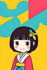 colorful cute cartoon comic anime illustration of a smiling little Japanese girl wearing traditional kimono with obi