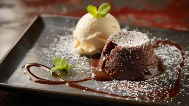 A hot chocolate lava cake along with a scoop of ice cream served in a luxury restaurant. Dessert served on an elegant rectangular plate contrasting between hot and cold.