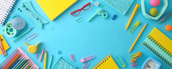 school books, pencils, markers and other accessories on blue background