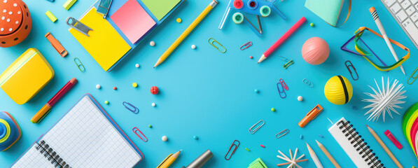 school books, pencils, markers and other accessories on blue background