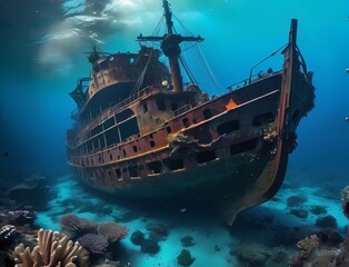 水中海に沈んで壊れた沈没船