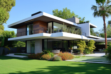 Fototapeta na wymiar A contemporary house with sleek lines and minimalist design, a big flowers garden