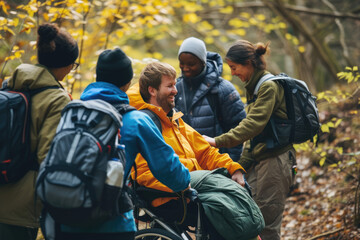 A group of friends volunteering to assist individuals with disabilities during outdoor adventures