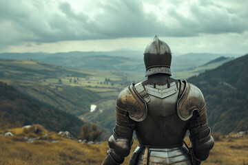 Knight Gazing at Distant Castle in Majestic Landscape