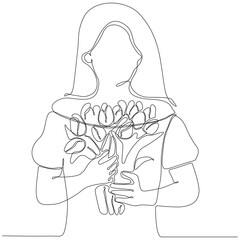 continuous line of women. one line drawing of woman carrying flowers. line art of woman with flower wreath