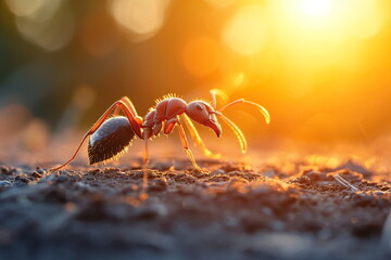close up ant on the ground, sunlight, natural light. Generated AI