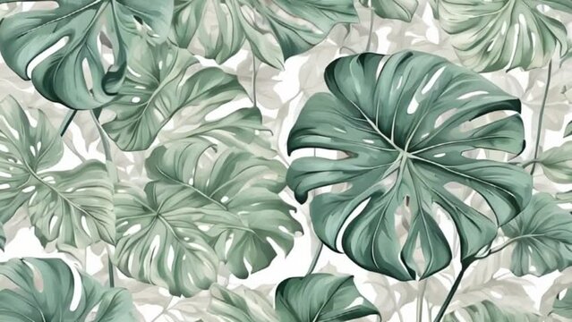 watercolor green monstera leaves, motion