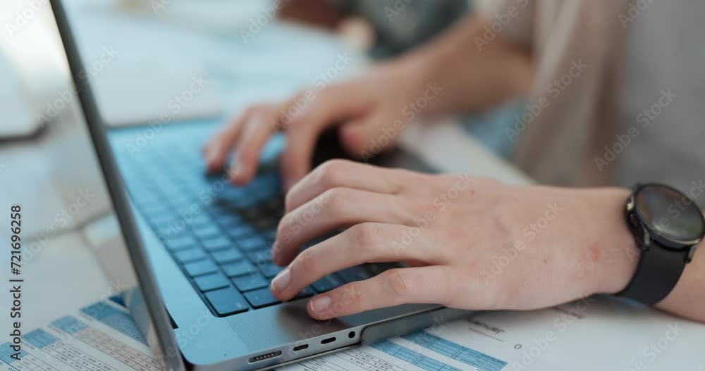 Poster hands, closeup and man with a laptop, typing and email with internet and professional. person, entre