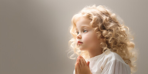Banner Curly-haired toddler praying, angelic child, soft light, innocence, serene AI Generative