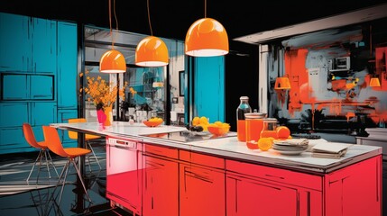 Pop art collage of a kitchen scene, bursting with bright, contrasting colors and exaggerated shapes