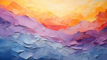 Vibrant abstract painting where the torn paper texture becomes a mountain range under a sunset sky