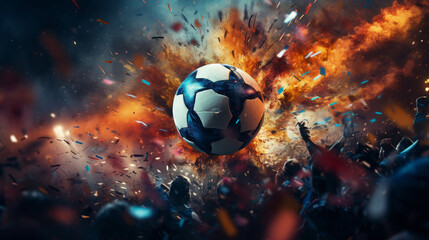 An action-packed scene of a soccer ball hitting the net with dynamic motion blur and cheering crowd in the background