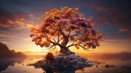 Zelfklevend Fotobehang Surreal digital art piece of a blooming tree with vivid flowers and golden sunset, set in an otherworldly landscape © PRI