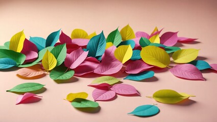 Leaves of assorted colors, prominently featuring a pink and green leaf, laid out on a tabletop with a pink background, in a 3D aesthetic display