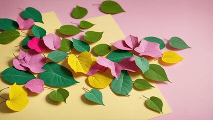 Various leaves in different hues, featuring a pink and green one, arranged on a table with a yellow background