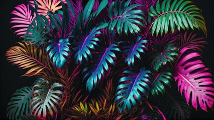 Tropical leaves captured in a neon glow on a dark background, with hues of pink, blue, yellow, green, in a 3D rendering focused on aesthetics