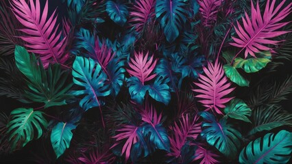 Fototapeta na wymiar Glossy and vibrant tropical leaves under bright neon lights, shades of pink, blue, yellow, green, set against a dark background, artistically rendered in 3D
