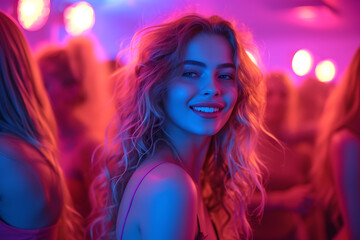 At the College House Party: Group of Friends Have Fun, Dancing and Socializing. Neon  Lights Illuminating Room