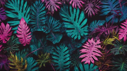 Tropical leaves in a neon glow of pink, blue, yellow, green, lying on a dark surface, 3D rendered to highlight aesthetic beauty