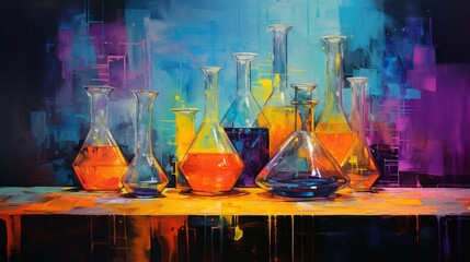 Vibrant abstract painting of lab vials and beakers, emphasizing the luminescent glow of the substances