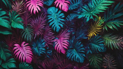 Fototapeta na wymiar Tropical leaves in a neon glow of pink, blue, yellow, green, lying on a dark surface, 3D rendered to highlight aesthetic beauty