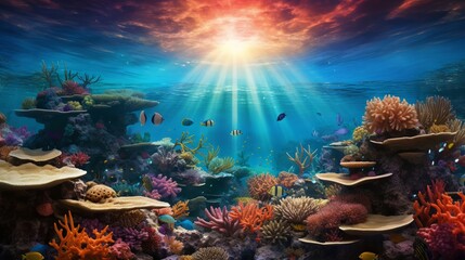 An underwater scene in a tropical ocean with seashells and starfish amidst colorful coral reefs