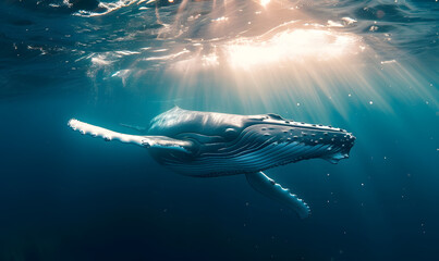 humpback whale swims under the surface of the water, Generative AI - obrazy, fototapety, plakaty