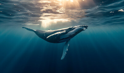 humpback whale swims under the surface of the water, Generative AI - Powered by Adobe