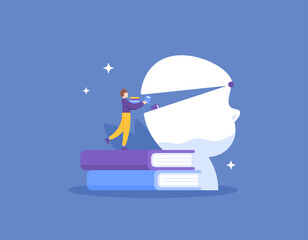 A concept of knowledge investment. add as much knowledge as possible. Put knowledge into the mind. Students put books in their heads. effort and study. concept illustration design. graphic elements