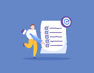A concept of a task list. task management. give a tick. mark a completed task. get the job done. objectives, mission, and business agenda. concept illustration design. graphic elements. Vector