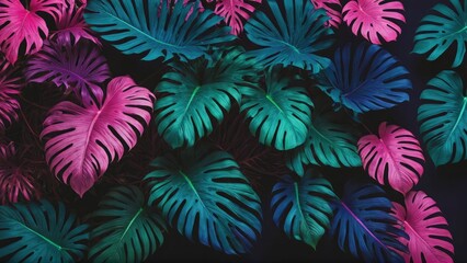 Fototapeta na wymiar Tropical leaves in a neon glow of pink, blue, yellow, green, lying on a dark surface, 3D rendered to highlight aesthetic beauty