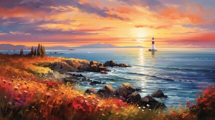 An impressionist painting of a vibrant sunset at a coastal lighthouse with wildflowers in the foreground