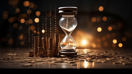 The sands of time dropping in an hourglass beside ascending piles of coins against a dark theme