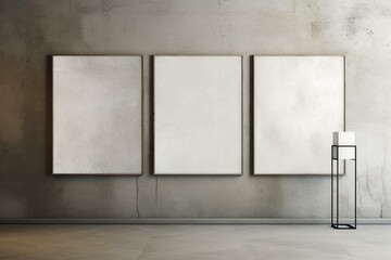 Concrete wall with three empty posters, front view. Gallery concept, mock-up. Generative AI
