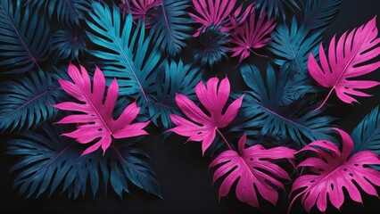 Fluorescent neon lighting brings to life tropical leaves in shades of cyan and pink on a dark...