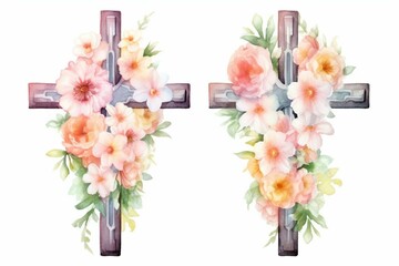 Watercolor crosses with flower bouquets. Easter religious symbol. Orthodox cross for church and holidays. Symbol of the saint and spring floral arrangement. Generative AI
