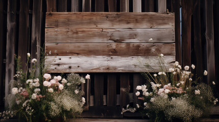 Rustic wedding welcome sign with wildflowers and vintage wood textures set in a barnyard entrance