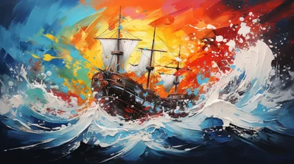 Fotobehang An abstract art piece with a fragmented ship's wheel set against a background of turbulent sea waves © PRI