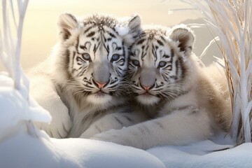 Two young tigers snuggle together on a plain backdrop. Generative AI
