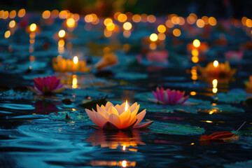 loating loy krathong and candle in Thailand full moon folk festival
